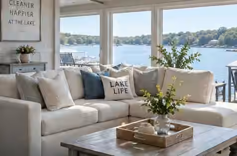 Clean living room overlooking a lake